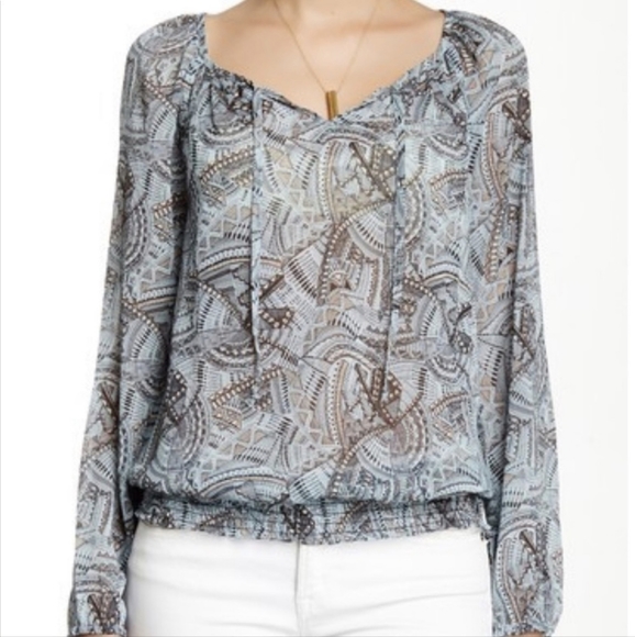 Lucky Brand Abstract Print Top Elastic Blouson Waist Long Sleeve Sheer Blue L - Picture 1 of 11